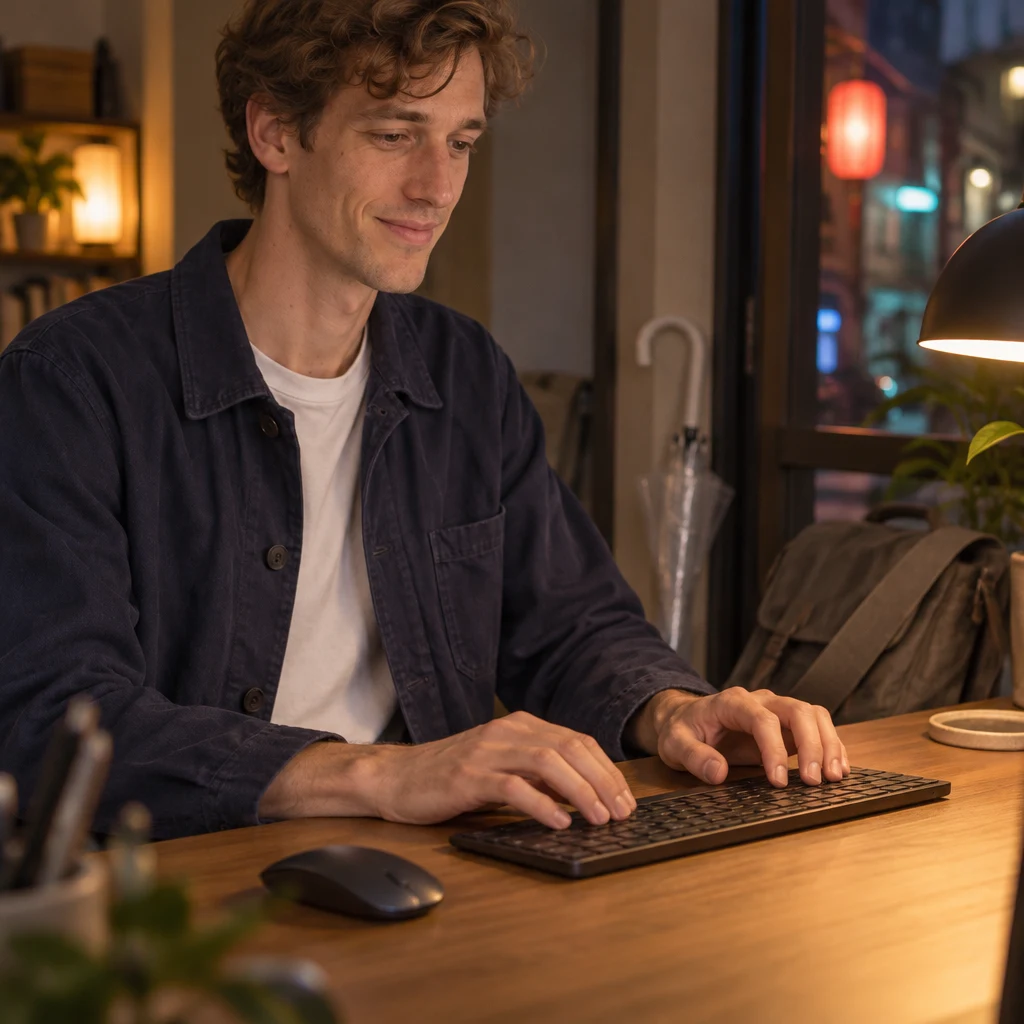 Leo settles both hands at the keyboard, ready to begin the work message.