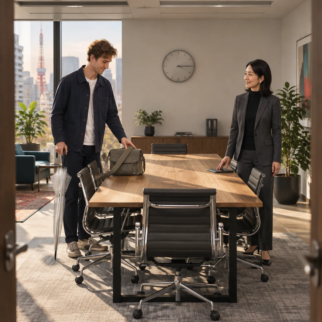 Leo places his bag beside the meeting table while Mori-san waits, with the clock directly ahead of Leo.