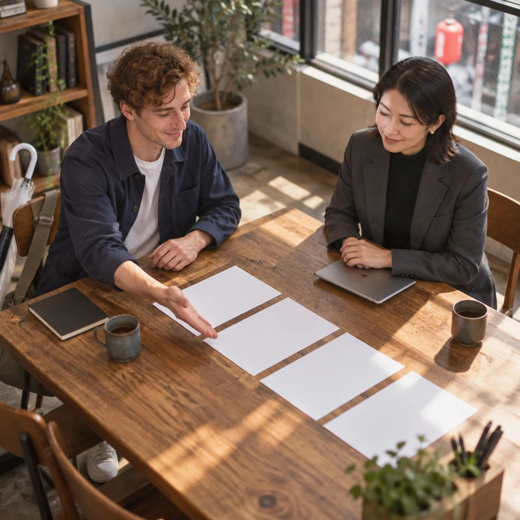 Leo organizes separate blank sheets to establish the meeting's agenda while Mori-san watches.