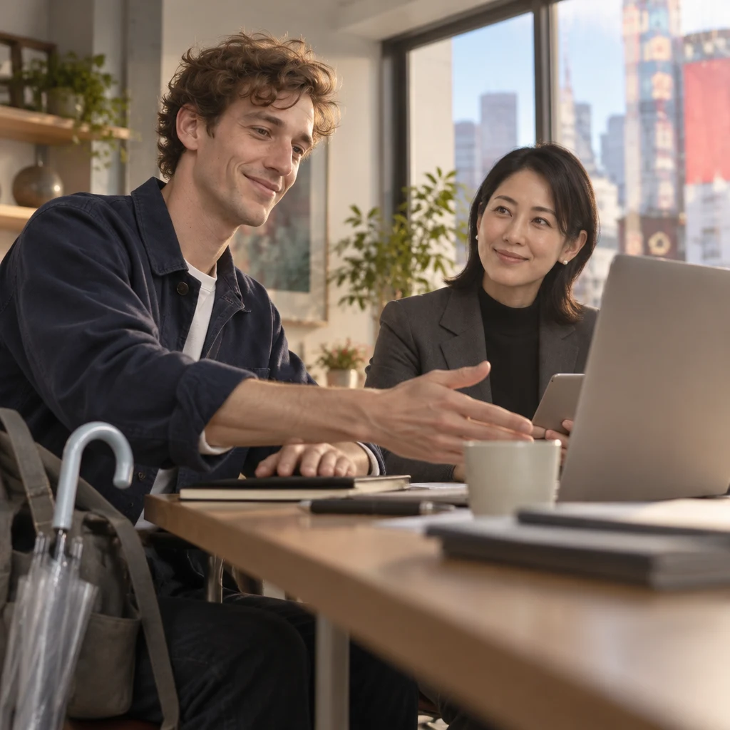 Leo indicates the laptop holding the meeting notes while closing the notebook as Mori-san prepares to finish.