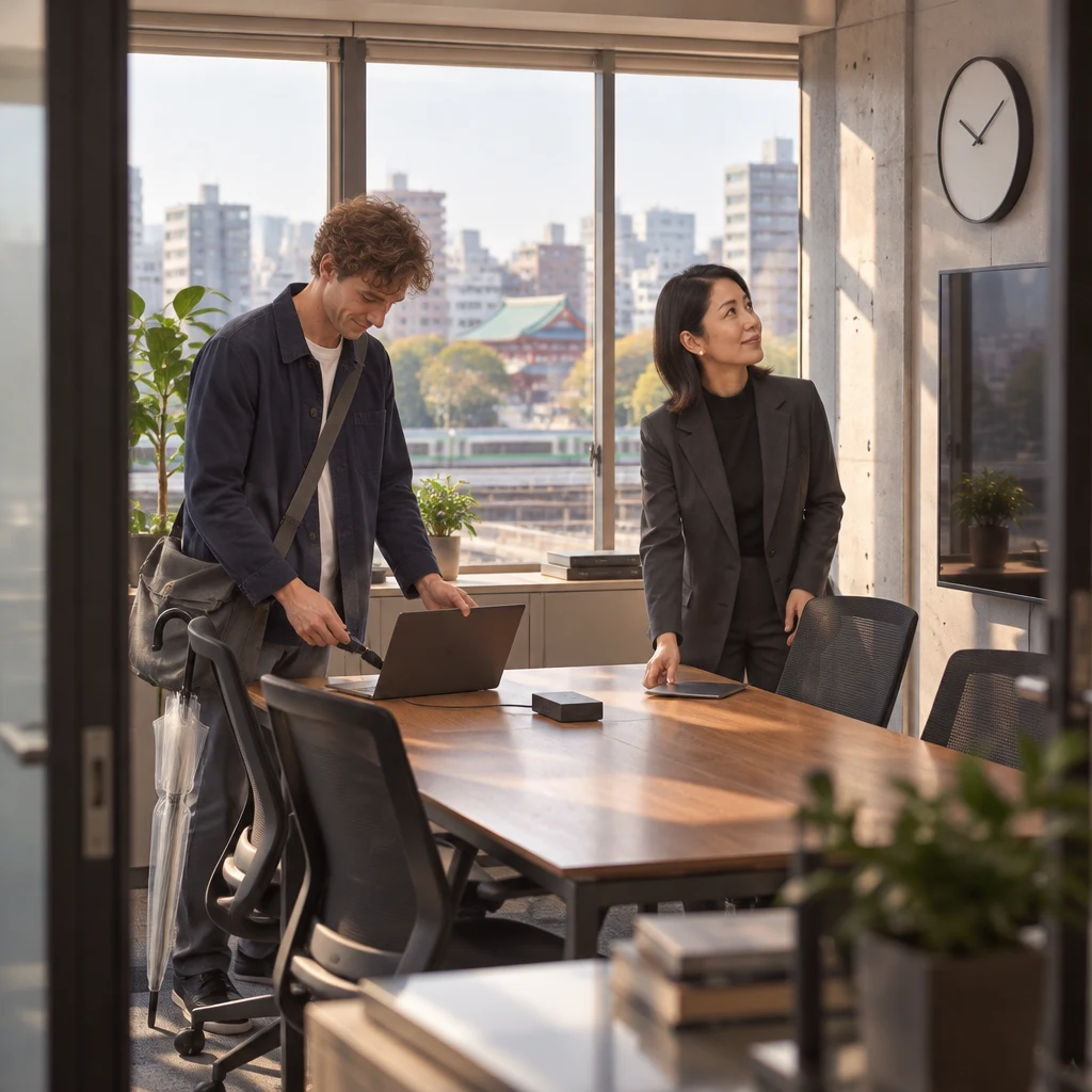 Leo connects his laptop while Mori-san sets down her tablet and glances at the clock.