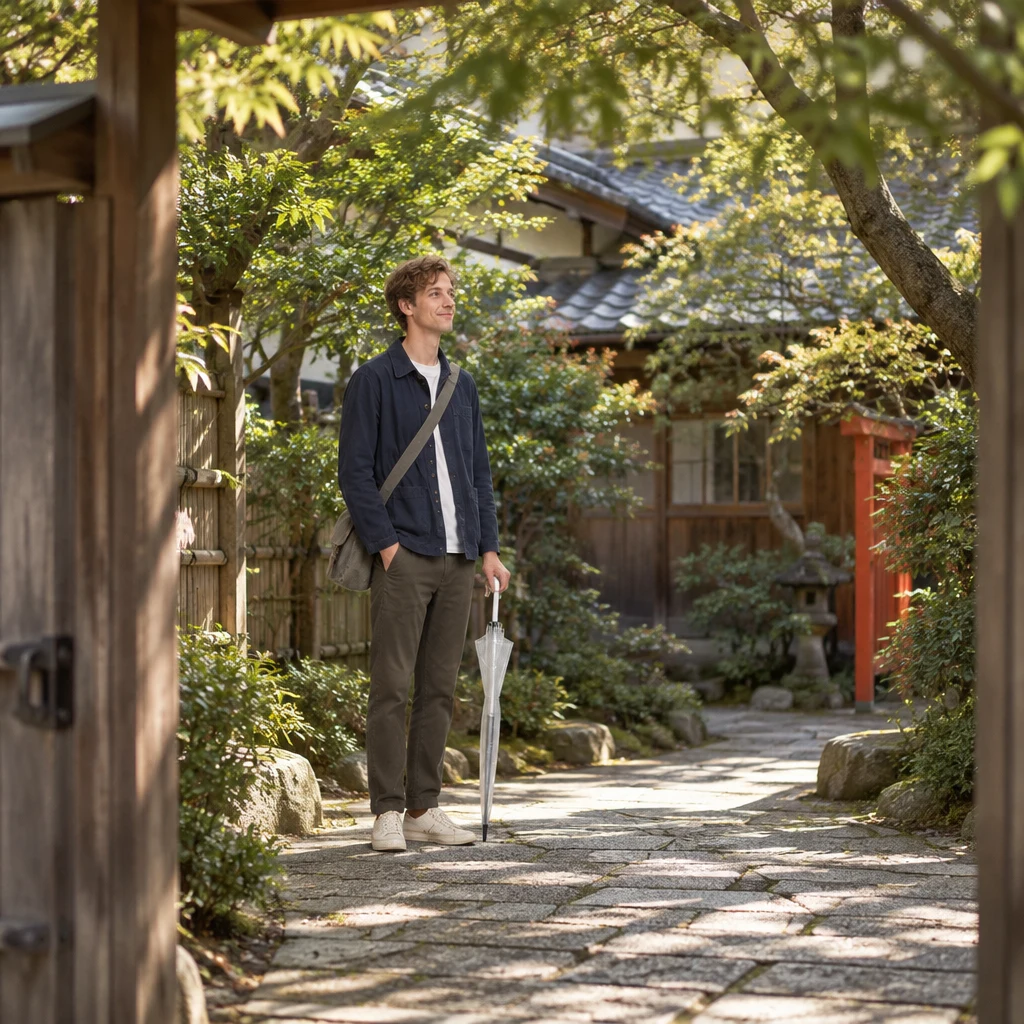 Leo pauses in a quiet courtyard on a clear weekend afternoon.