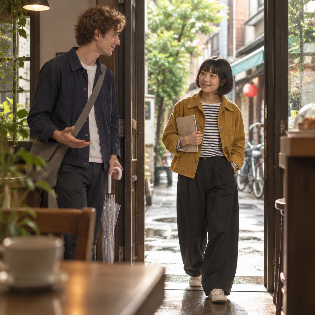 Haruka enters the cafe carrying a sketchbook as Leo turns toward the doorway in recognition.