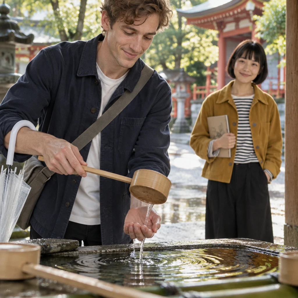 Leo rinses both hands at the basin while Haruka waits nearby.
