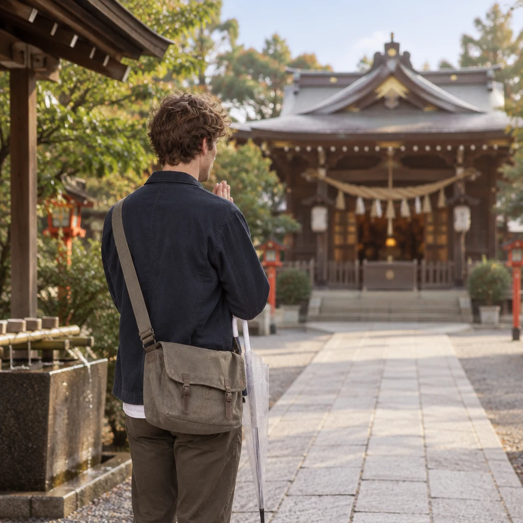Leo pauses on the stone approach facing the shrine hall with his hands together.