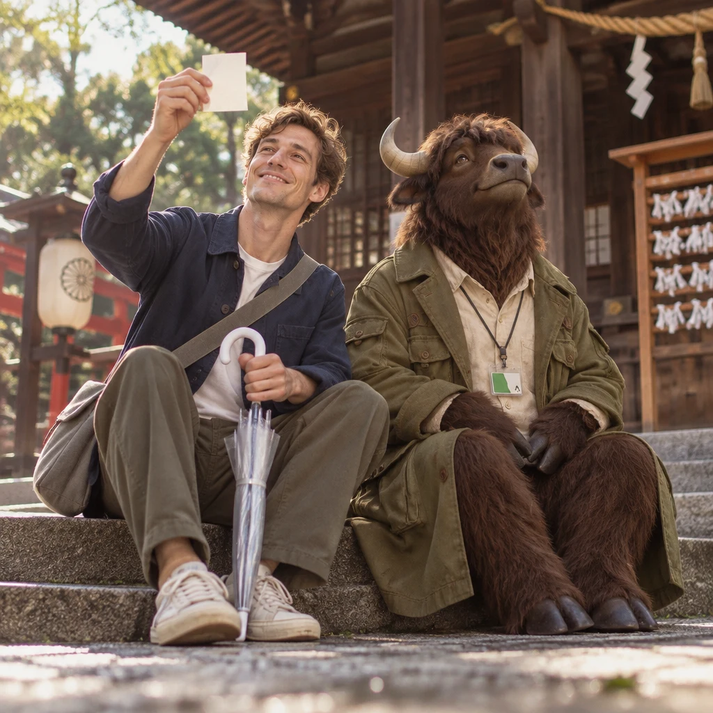Leo unfolds a fortune slip and smiles while Goro watches the sky from the step.