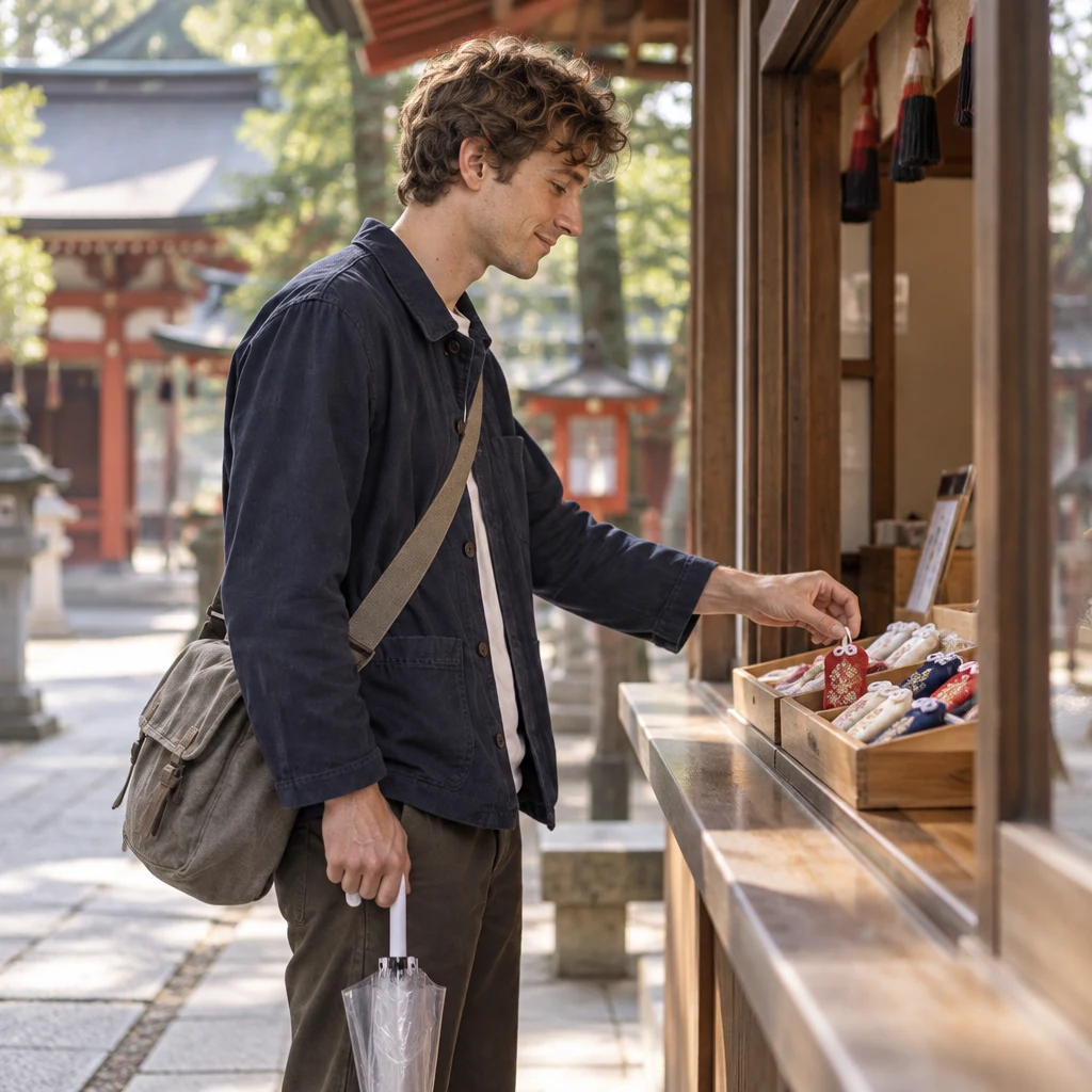 Leo reaches toward a fabric charm at the shrine office counter.