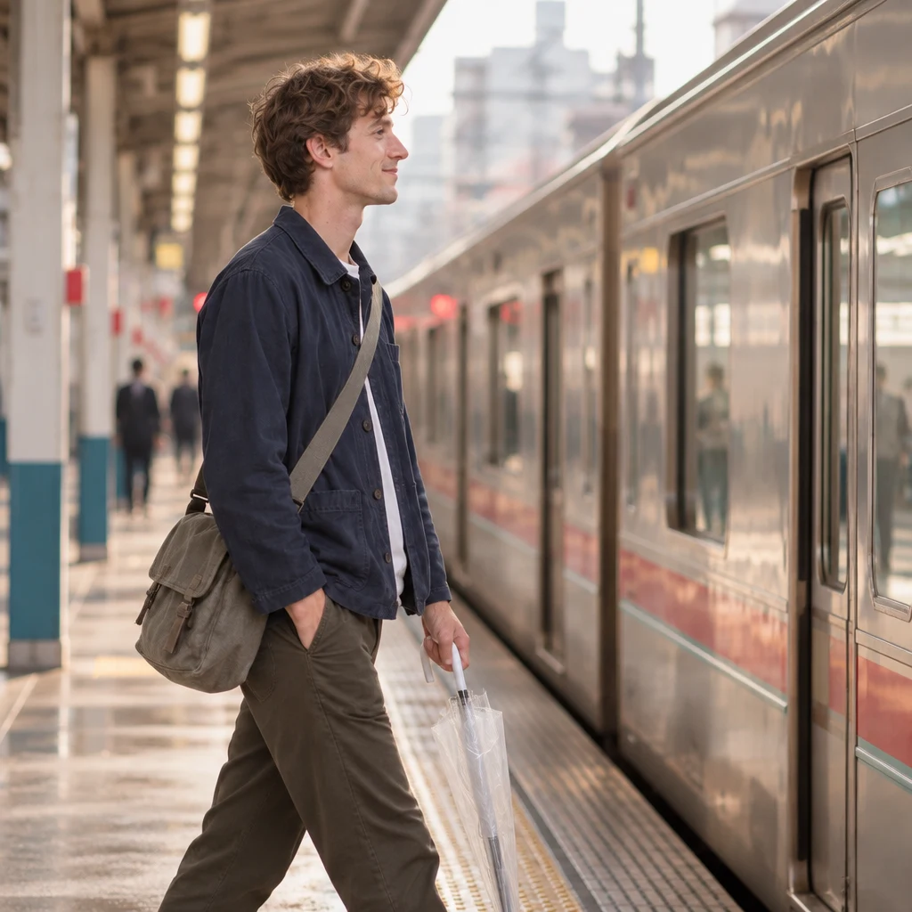 Leo walks along the station platform beside a morning train on his way to work.