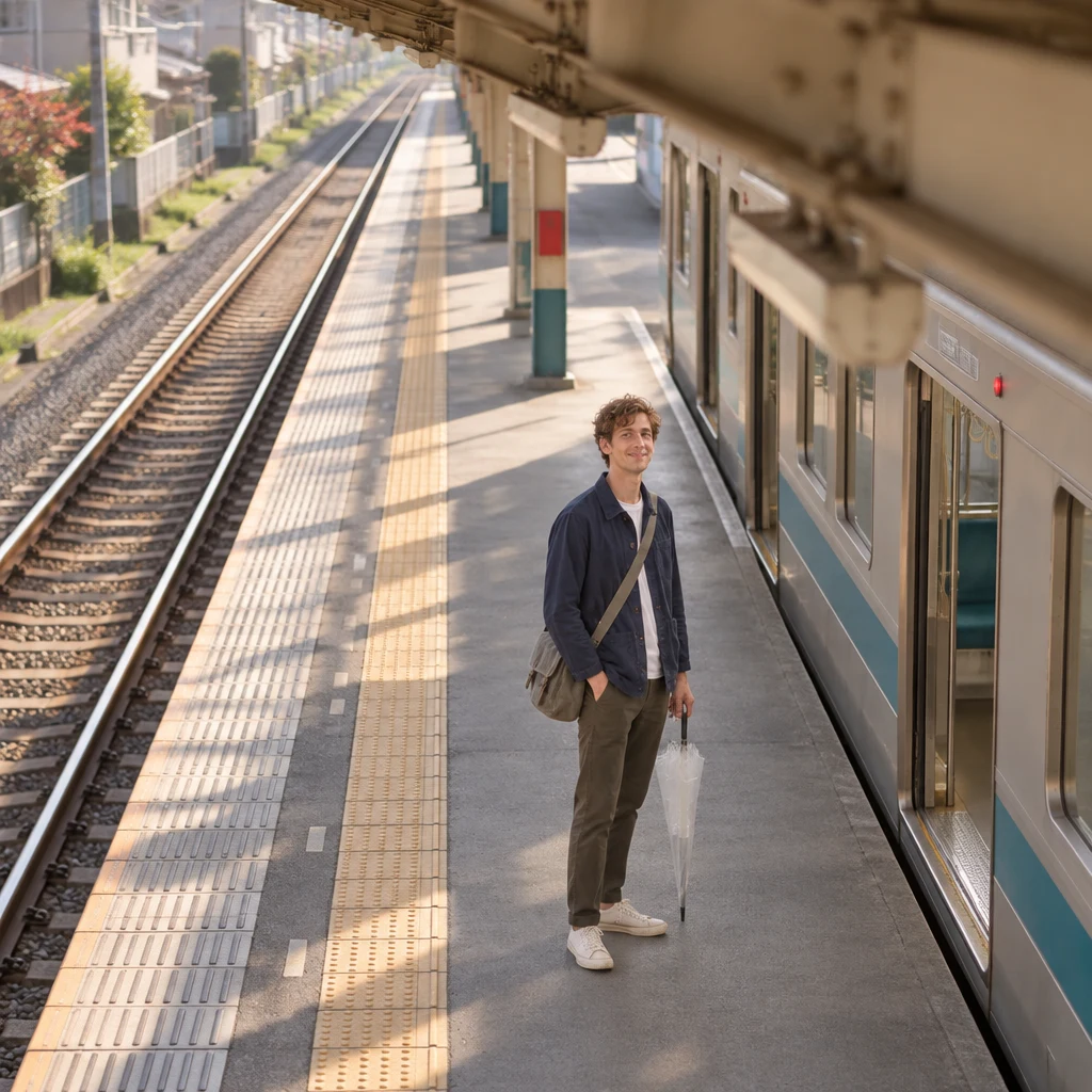 Leo waits on a quiet platform beside a local train, evoking the area near Nippori.