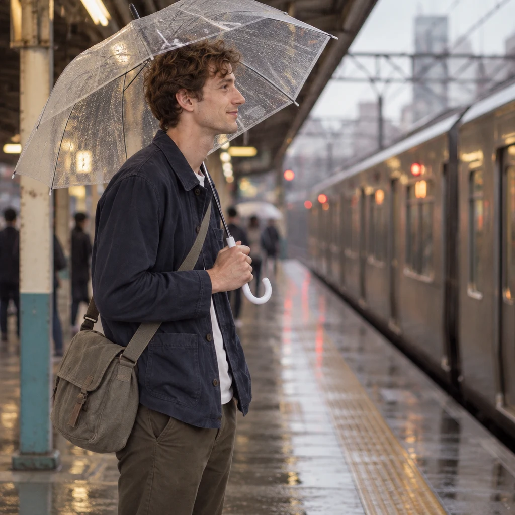 Leo waits on a wet station platform as rain falls around his clear umbrella.
