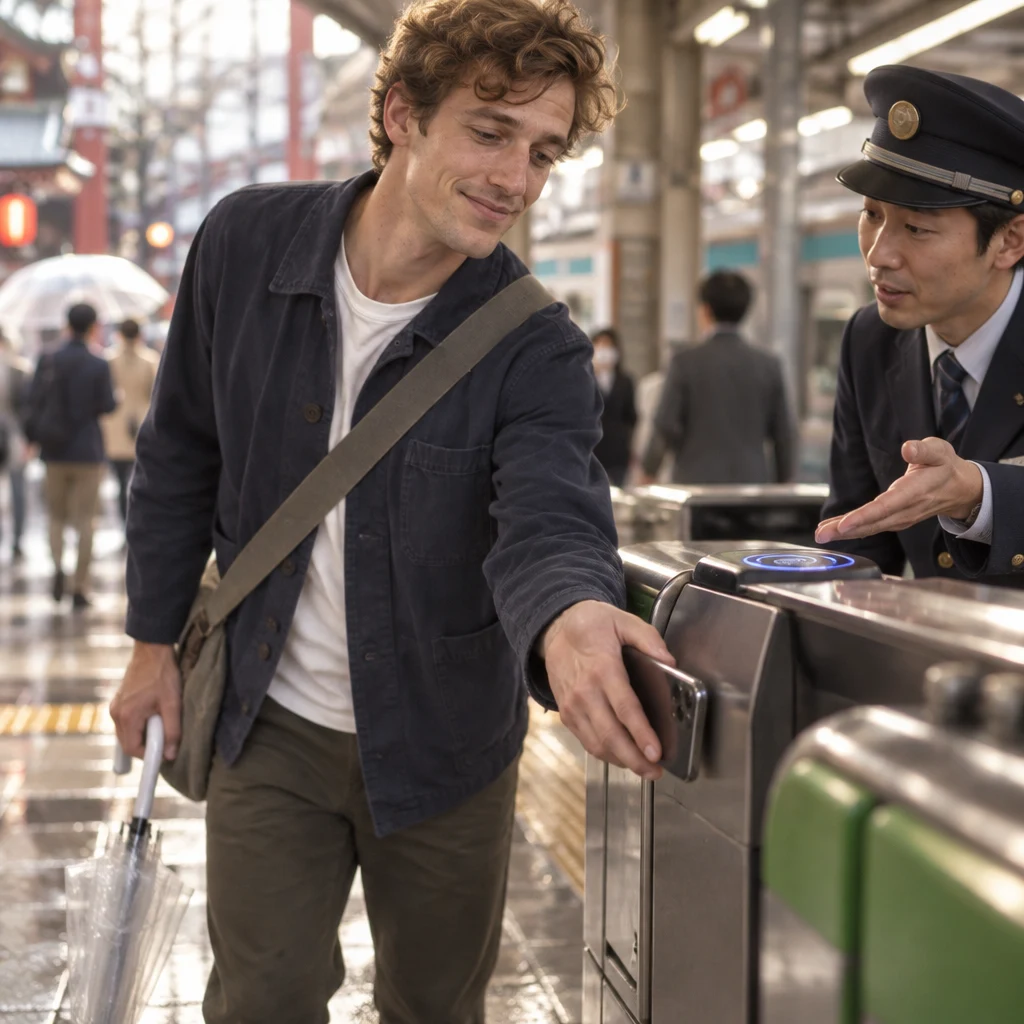 Leo taps his phone against the wrong side of the ticket gate.