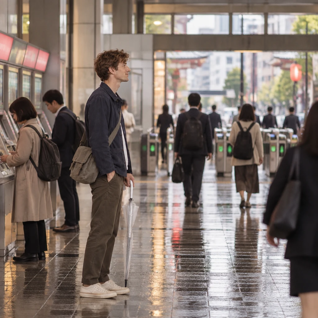 Leo scans the station concourse for the ticket gates.