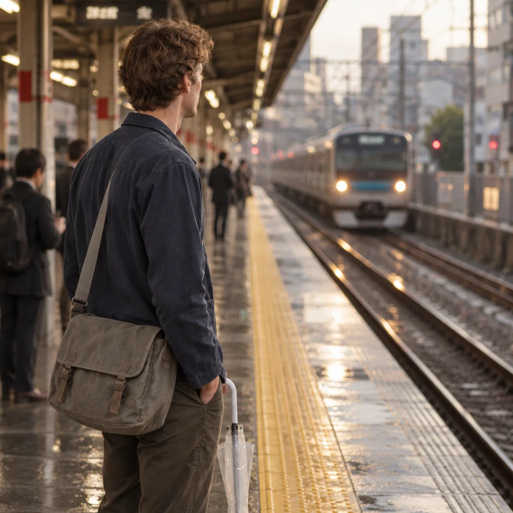 Leo looks along the platform edge toward an approaching train.