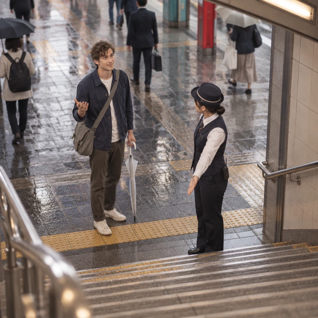 Leo asks an attendant for direction at the foot of an exit stairway.