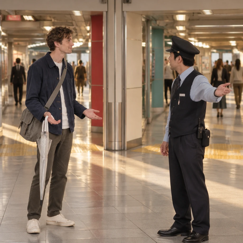 Leo asks an attendant about a transfer at a fork in the station corridors.