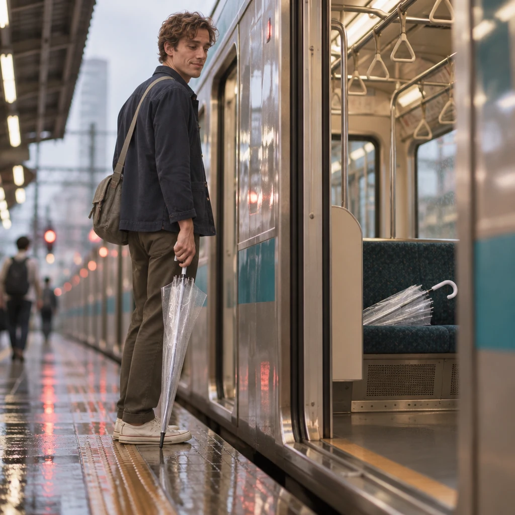 Leo looks back toward the train where his clear umbrella has been left on a seat.