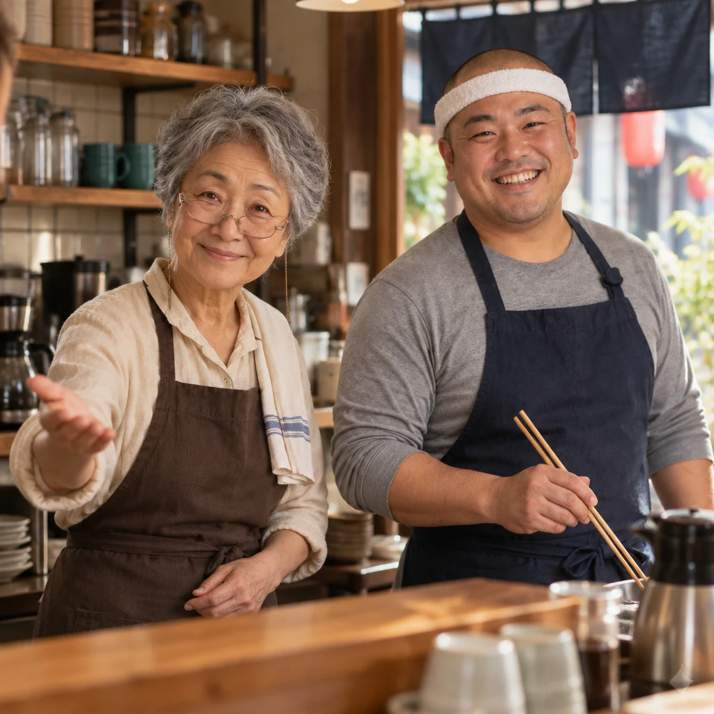 Masako introduces Kenta with an open-handed gesture beside the cafe counter.