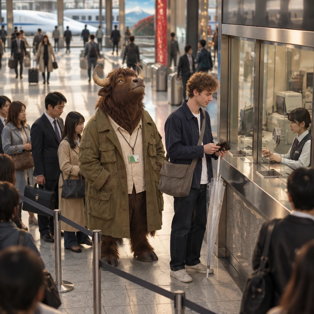 Leo and Goro wait in a short queue at a shinkansen ticket window in busy Tokyo Station.