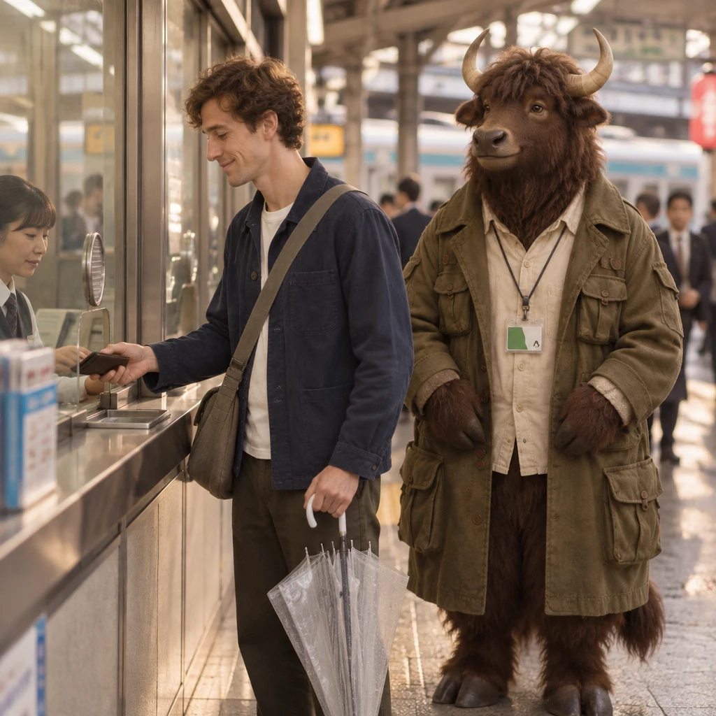 Leo holds his wallet toward the clerk while Goro waits close behind him.