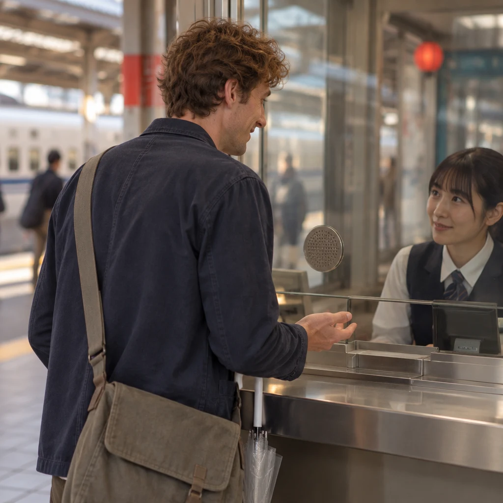 Leo leans toward the clerk with one palm open to request a ticket to Kyoto.