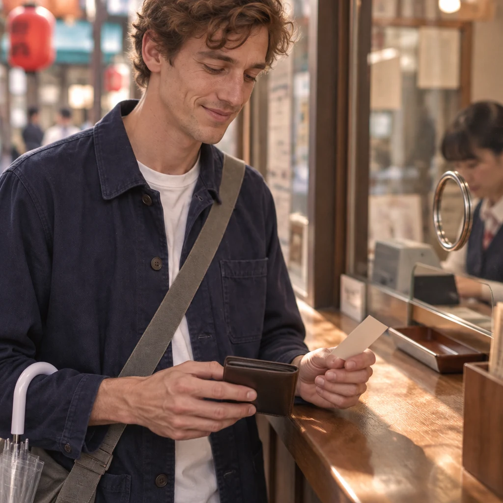 Leo holds a plain ticket slip and waits as the clerk works behind the glass.