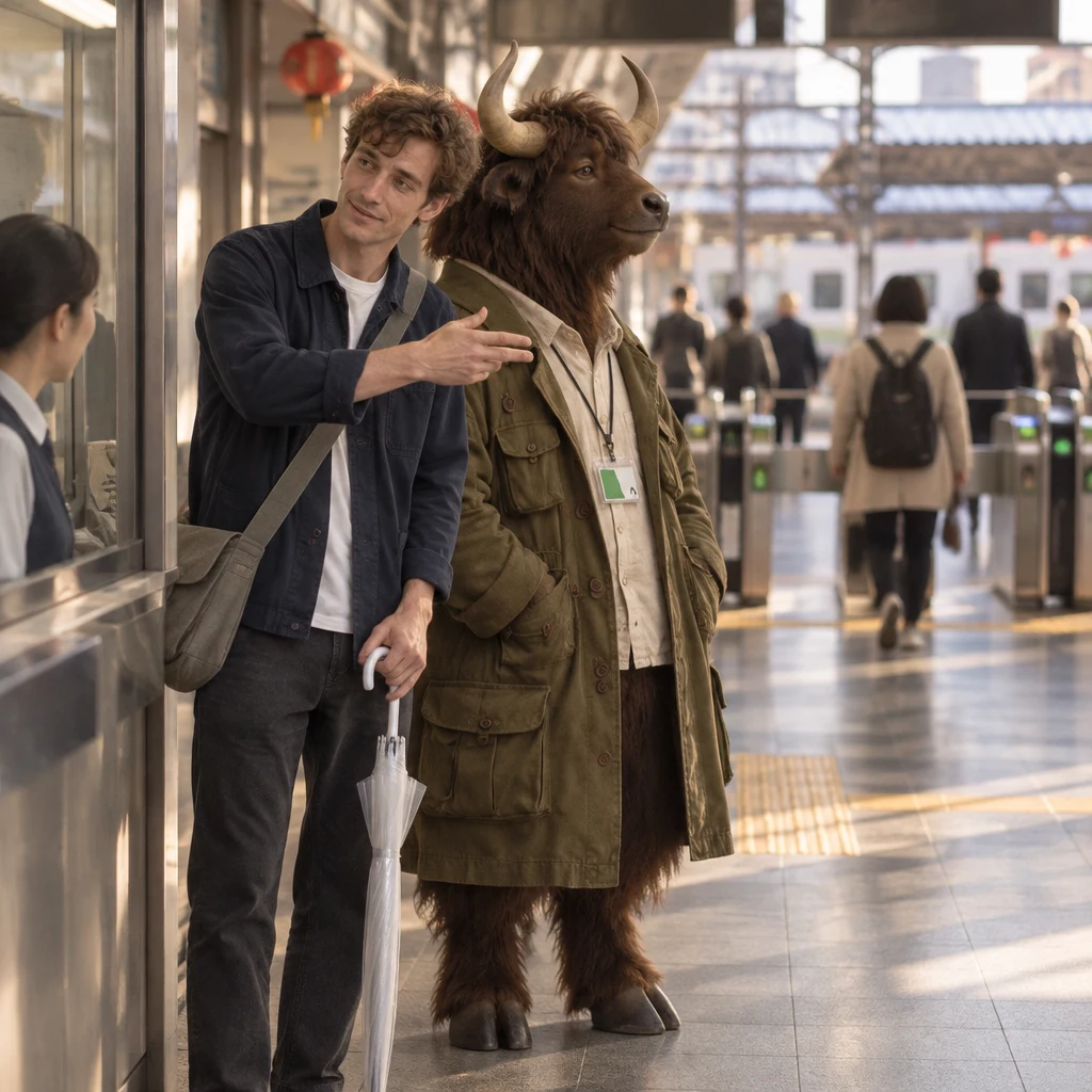 Leo turns toward the distant platform gates to ask where to board, while Goro looks in the same direction.