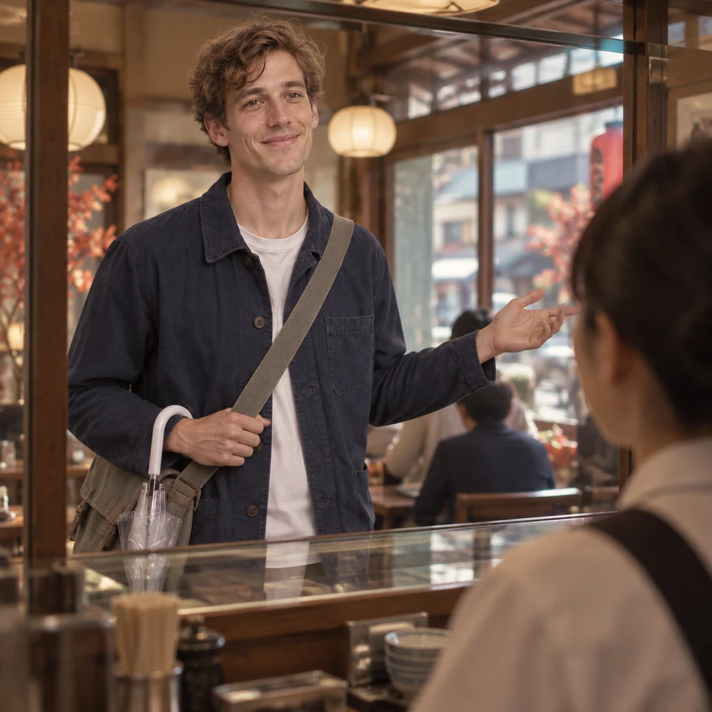 Leo gestures toward the window side as he requests a window seat from the clerk.