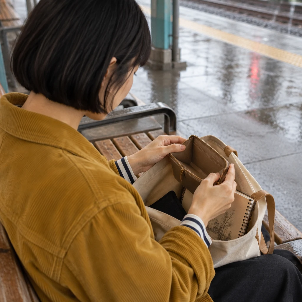 Haruka discovers an empty wallet compartment inside an open bag on a station platform.