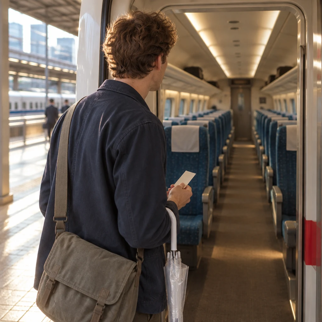 Leo stands inside the quiet train doorway and looks down its nearly empty aisle.