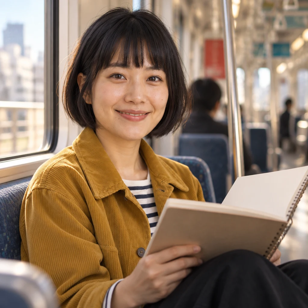Haruka smiles with her sketchbook open in the quiet car.