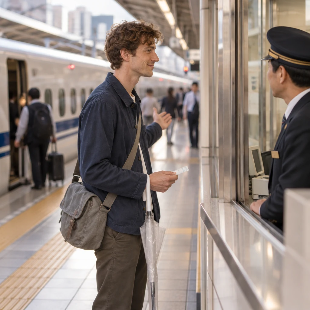 Leo gestures toward the train while asking the platform staff member about the journey to Kyoto.