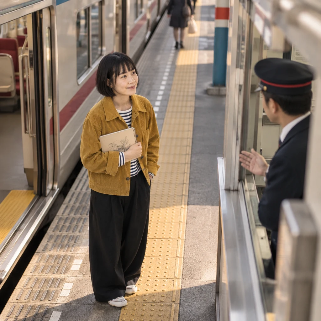 Haruka stands beside the open train doorway, considering whether to get off at the next station.