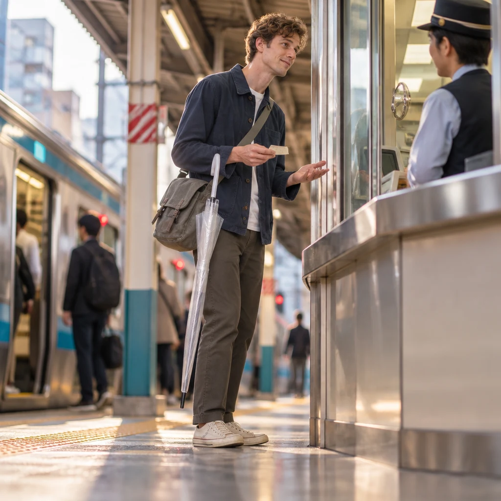 Leo asks the platform staff member when the next Hikari train departs.