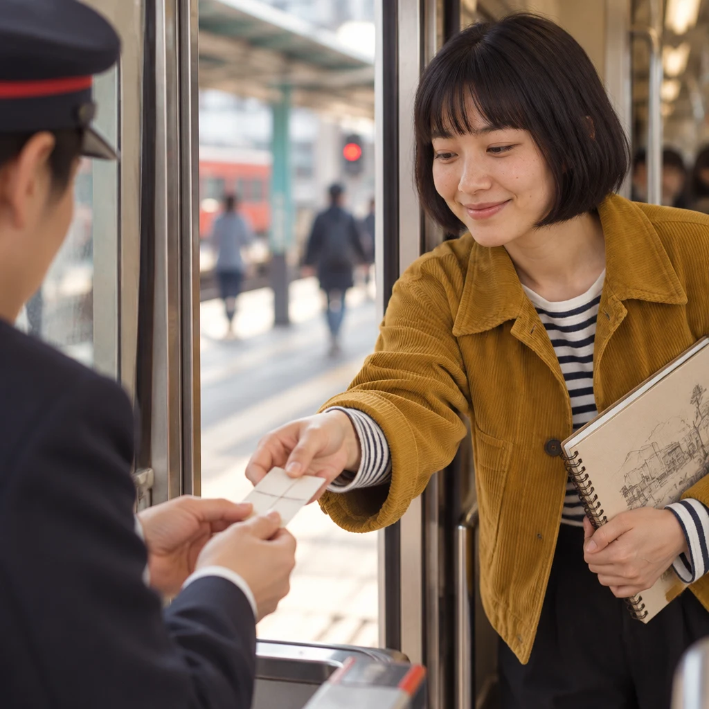 Haruka offers the unmarked tickets toward the station staff member to check.