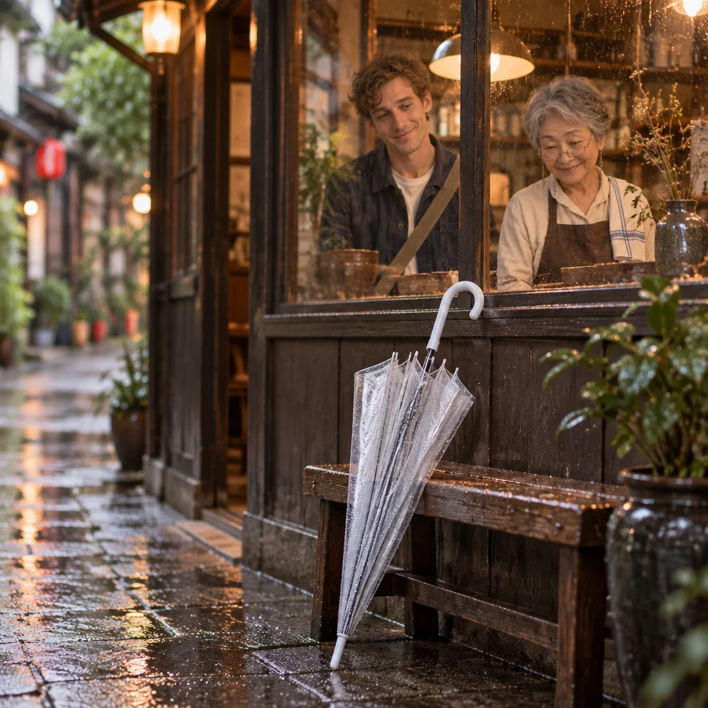 Outside, a customer’s umbrella rests beside the wet bench as Leo and Masako look toward it.