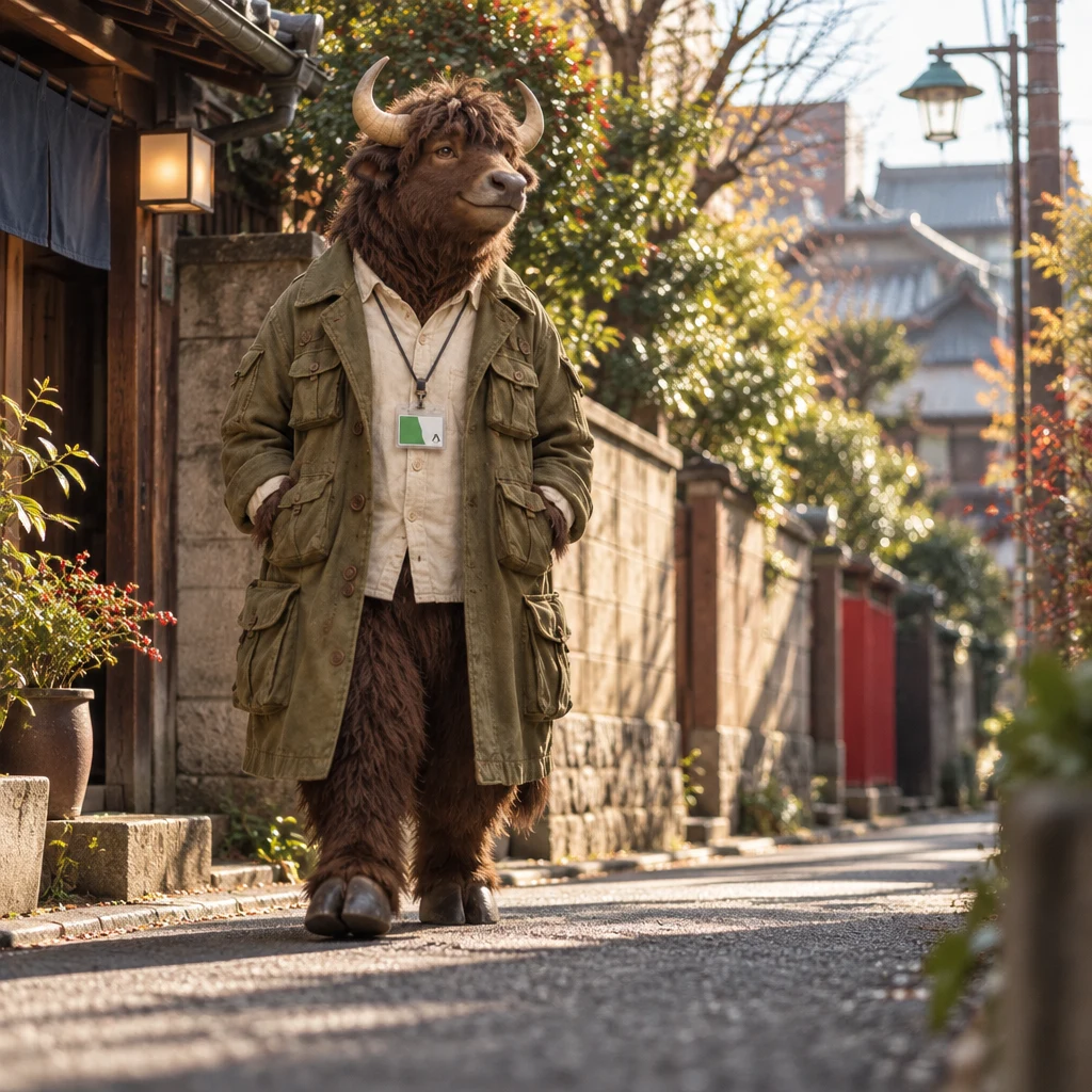 Goro walks down a Yanaka backstreet after eating.