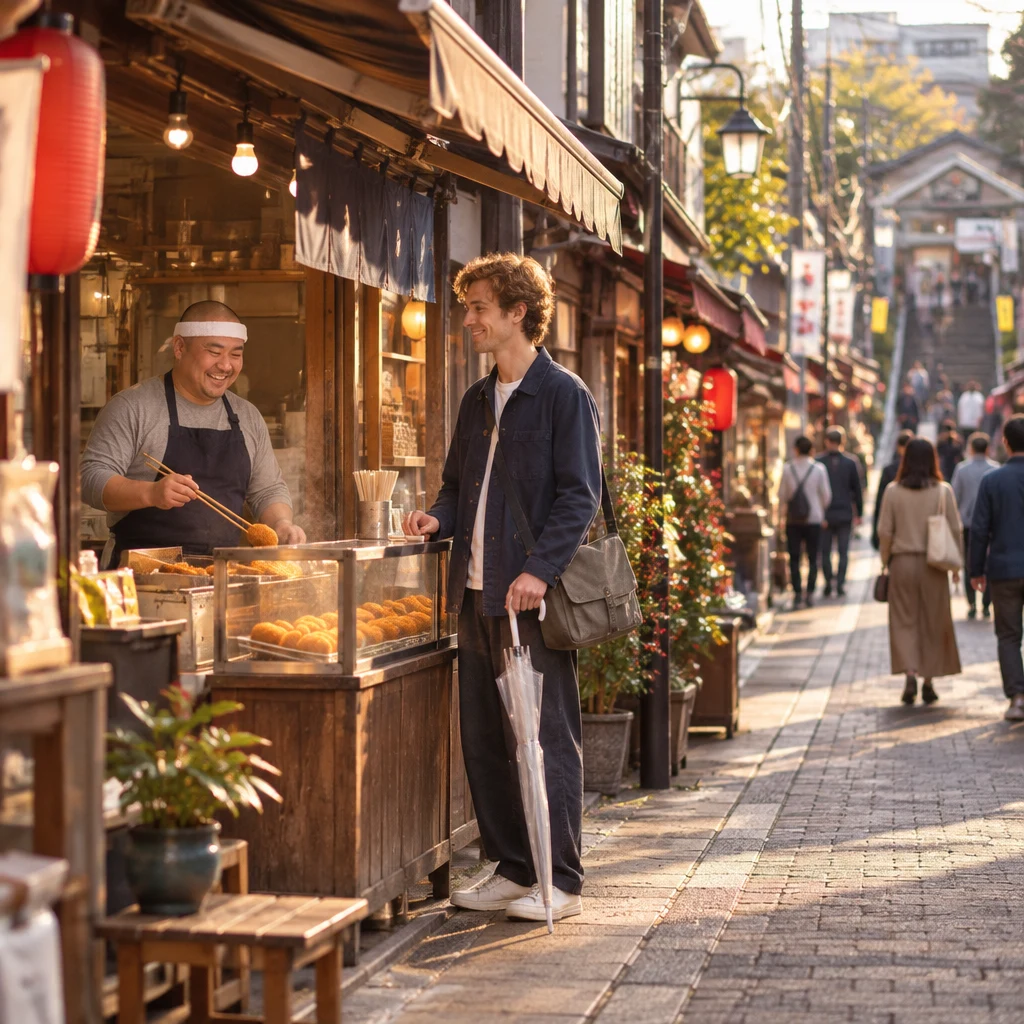 Kenta serves at his croquette stand while Leo waits nearby with his grey bag.