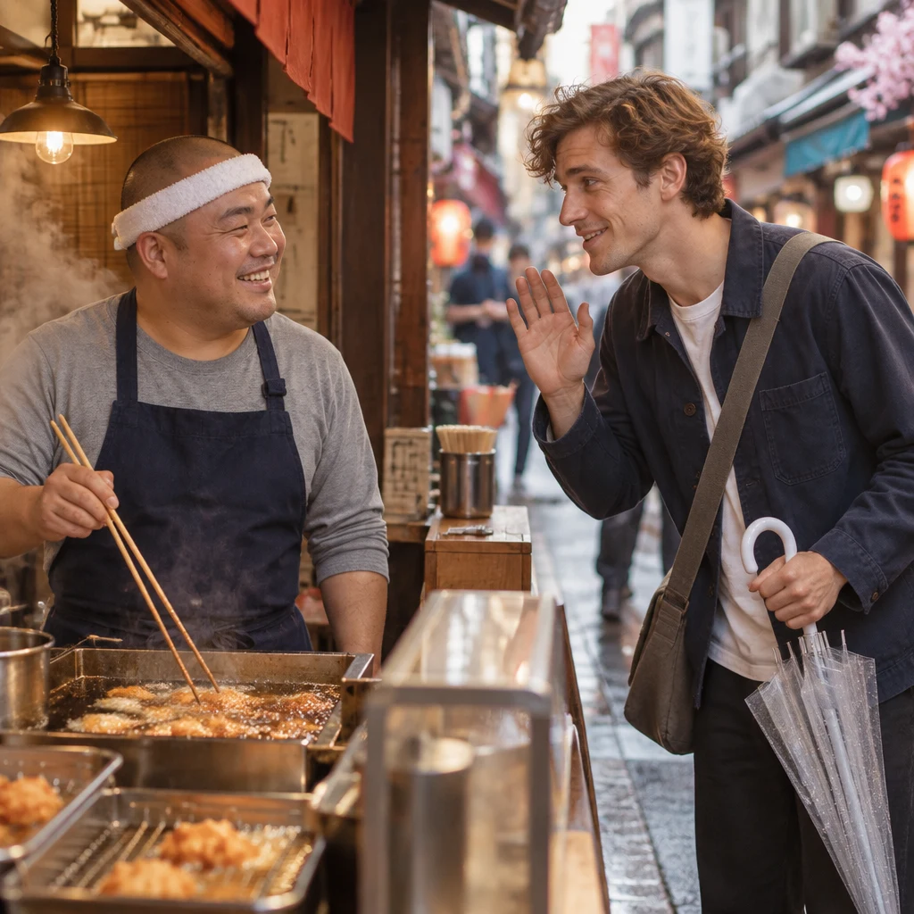 Leo leans toward Kenta with one palm raised because the fryer makes him hard to hear.