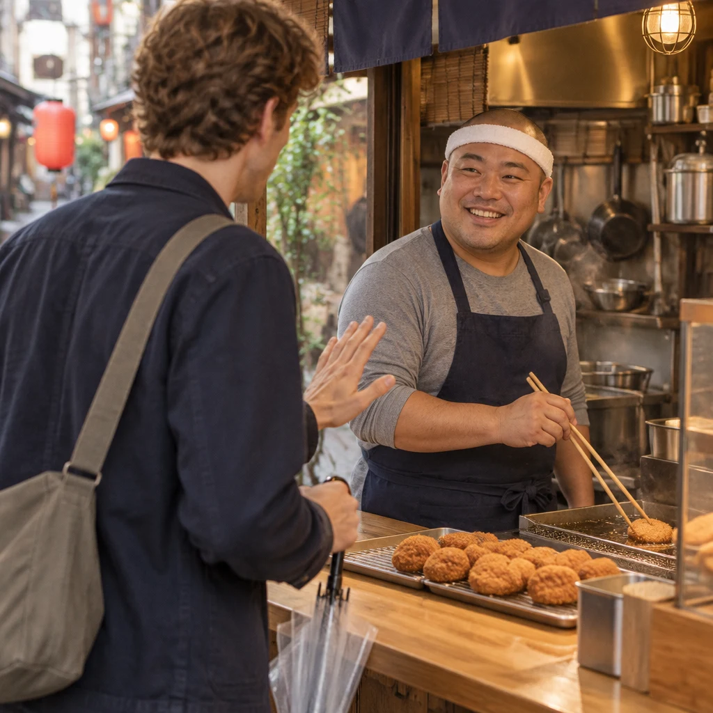 Leo makes a gentle slow-down gesture toward Kenta as he listens at the counter.