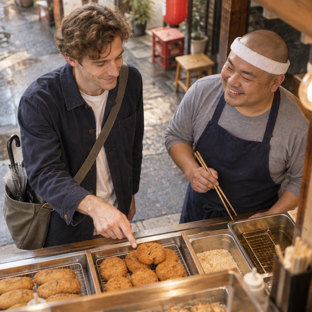 Leo points toward the croquettes to check that he has the right word, while Kenta confirms.
