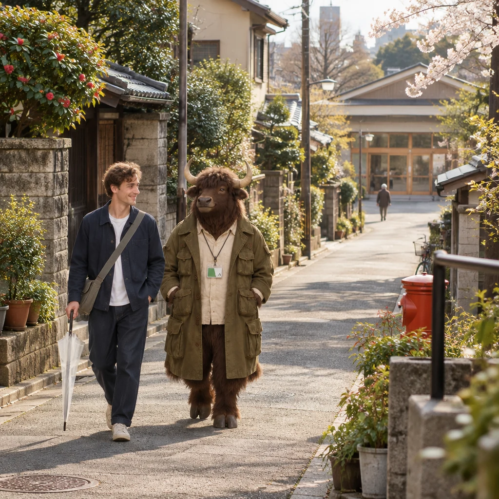 Leo and Goro walk along a quiet Yanaka lane toward the community centre on Saturday morning.