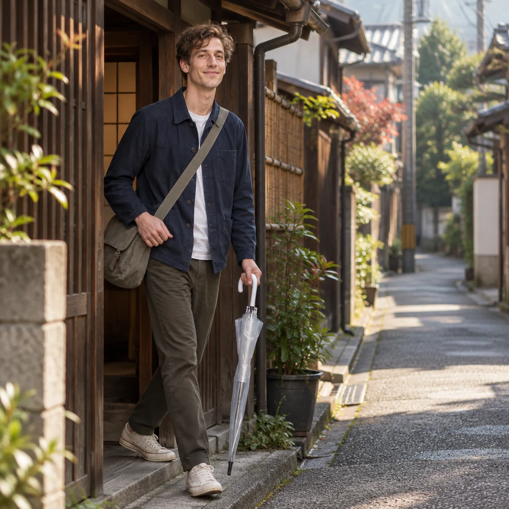 Leo steps out of his wooden house onto a quiet Yanaka lane.