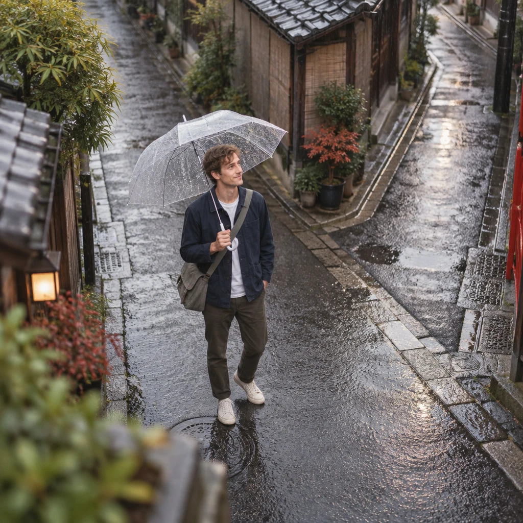 Leo pauses at a fork in a wet Yanaka lane to orient himself and choose the way back.