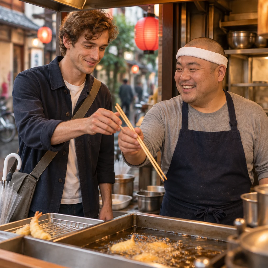 Leo takes the long cooking chopsticks and prepares to try lifting a croquette.