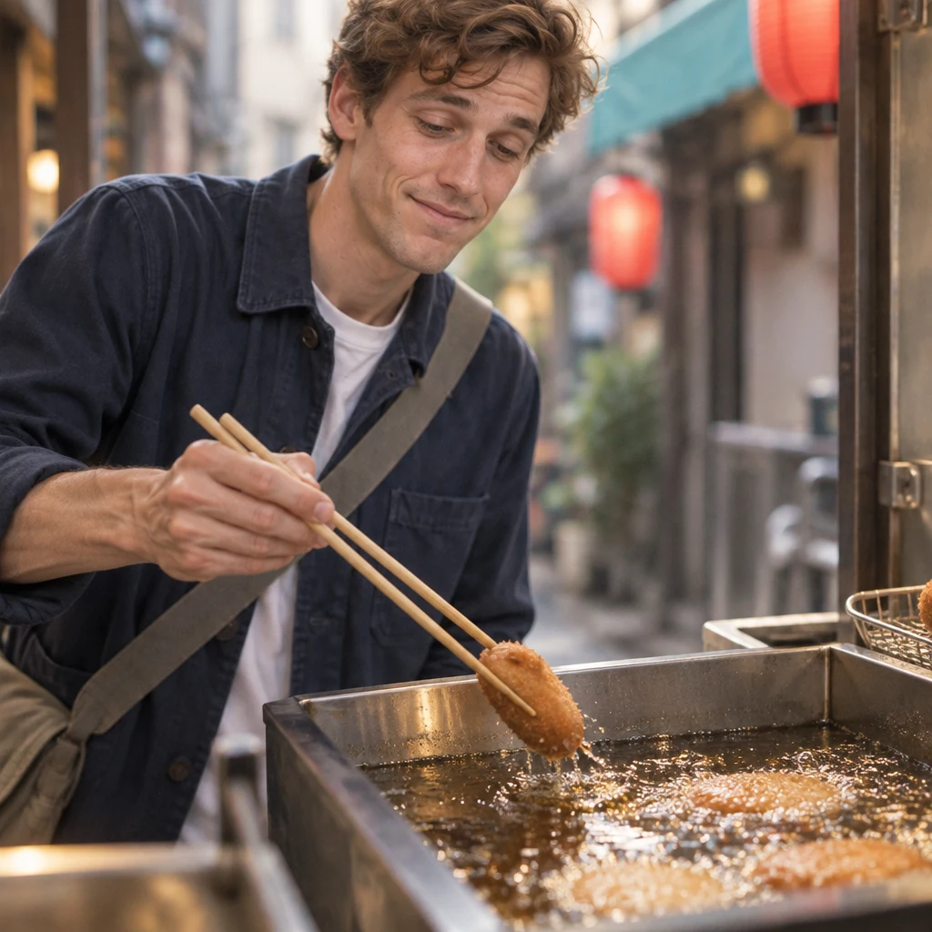 Leo fumbles with the chopsticks as a croquette slips back toward the oil.