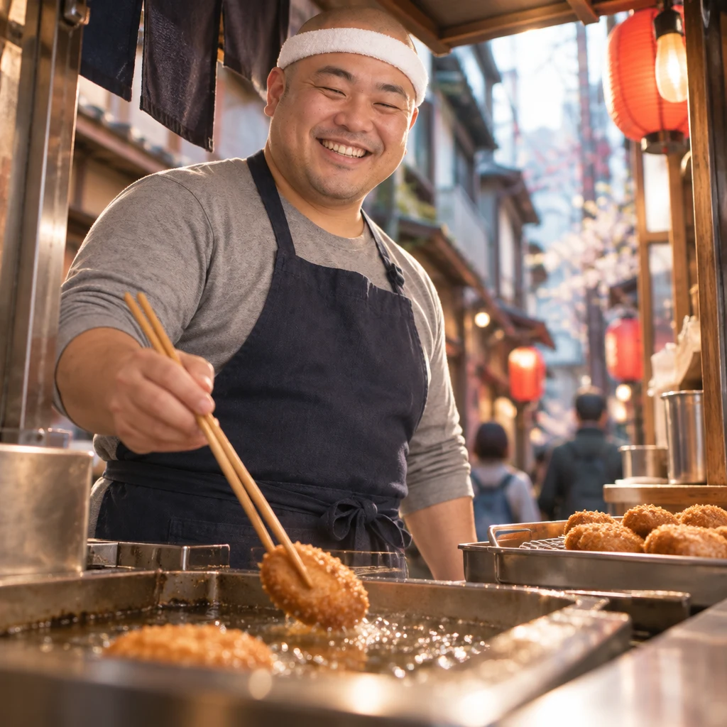 Kenta confidently tends the fryer, with a tray of finished croquettes nearby.