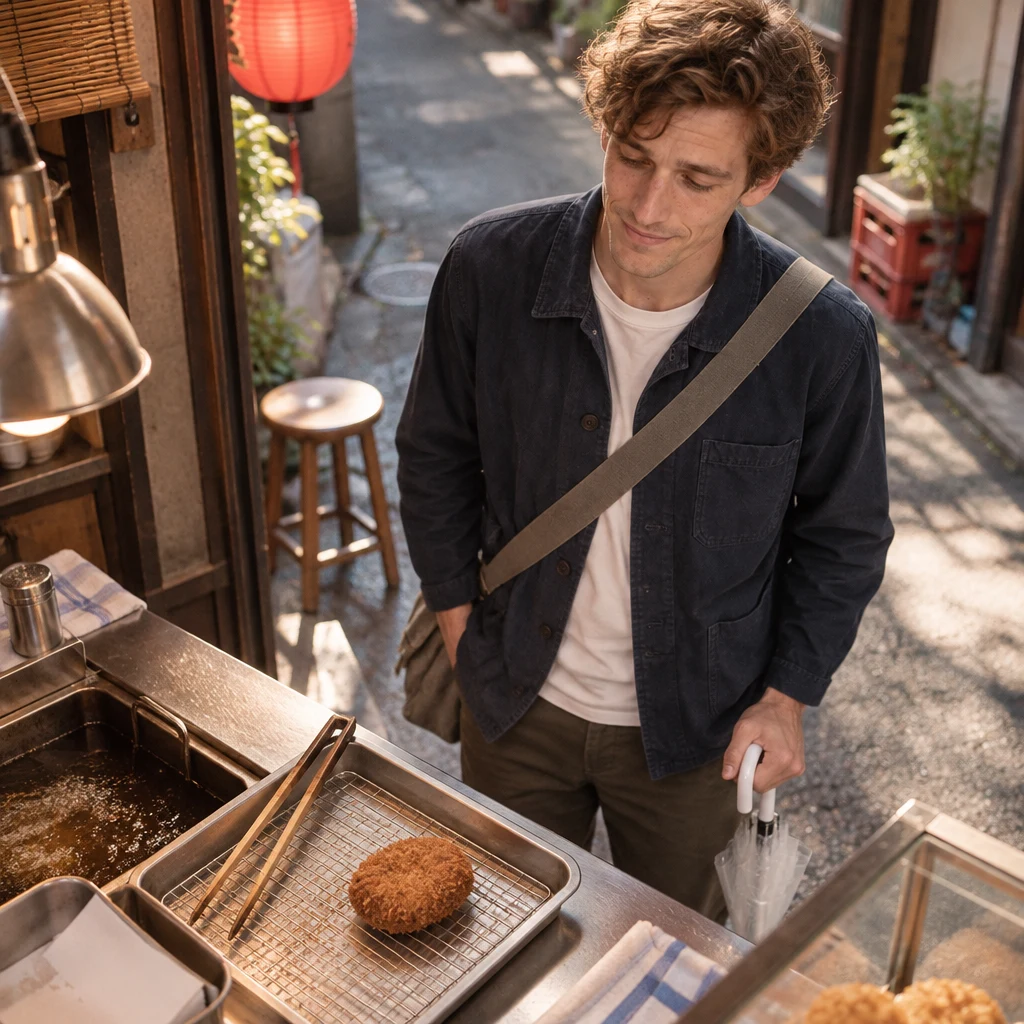 Leo looks down at a misshapen croquette on a paper tray, unsure of his skill.