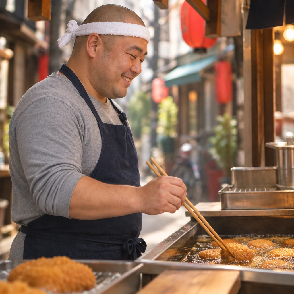 Kenta smoothly rolls a croquette through the bubbling oil with the chopsticks.