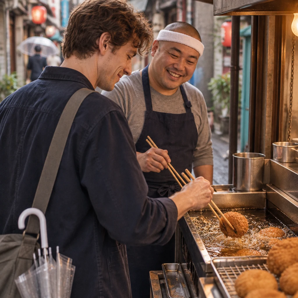 Leo copies Kenta’s chopstick motion as the croquette wobbles above the oil.