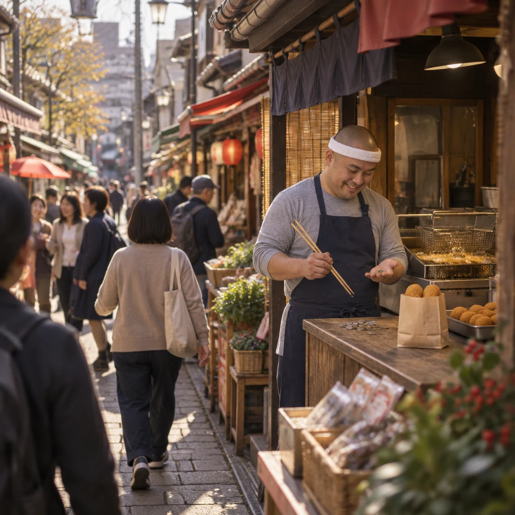 Kenta stares at the extra change in his palm at his busy croquette stall.